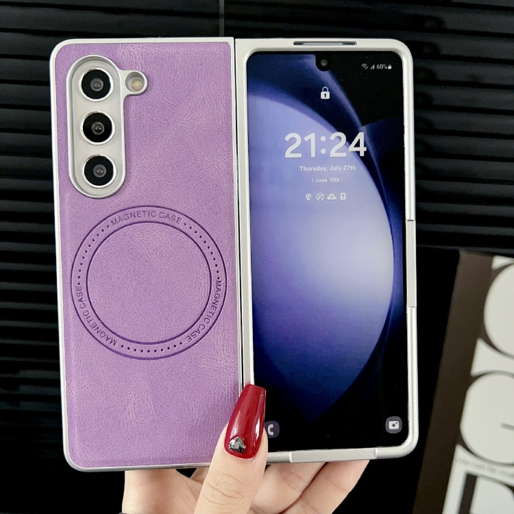 For Samsung Galaxy Z Fold5 Skin Feel Leather Texture MagSafe Pearlescent Paint Shockproof Phone Case(Purple) For Samsung Galaxy Z Fold5 Skin Feel Leather Texture MagSafe Pearlescent Paint Shockproof Phone Case(Purple)
