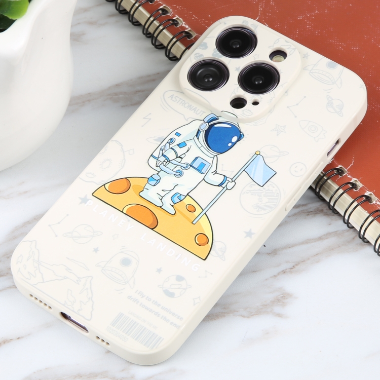 For iPhone 16 Pro Astronaut Pattern Silicone Straight Edge Phone Case(Planet Landing-White) For iPhone 16 Pro Astronaut Pattern Silicone Straight Edge Phone Case(Planet Landing-White)
