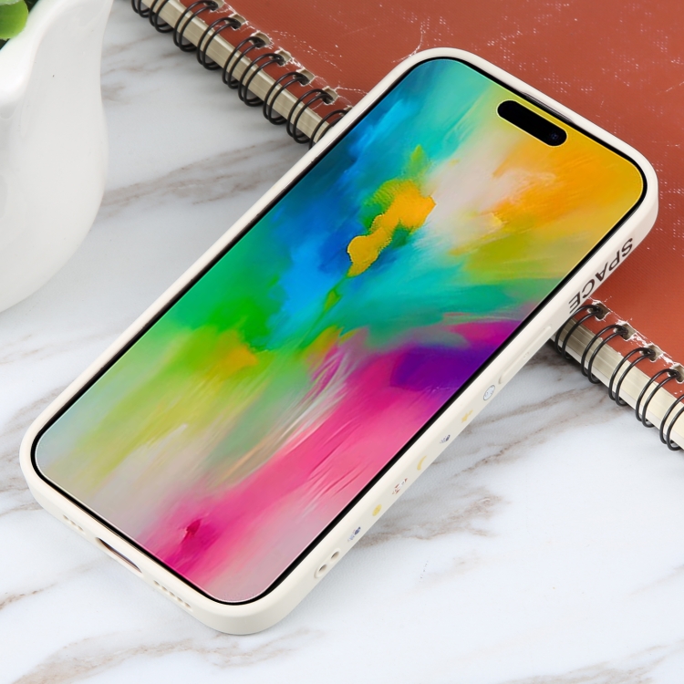 For iPhone 16 Pro Astronaut Pattern Silicone Straight Edge Phone Case(Planet Landing-White) For iPhone 16 Pro Astronaut Pattern Silicone Straight Edge Phone Case(Planet Landing-White)