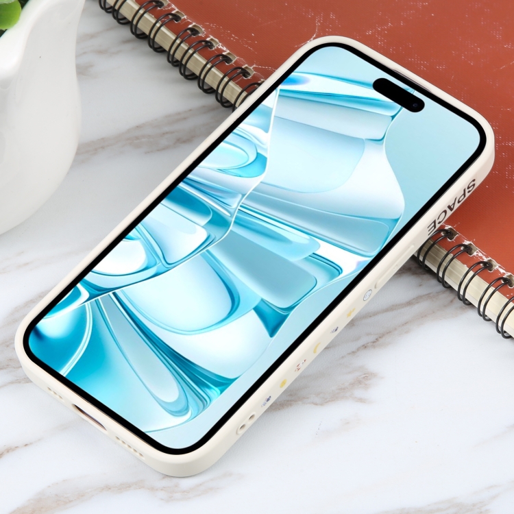 For iPhone 16 Plus Astronaut Pattern Silicone Straight Edge Phone Case(Planet Landing-White) For iPhone 16 Plus Astronaut Pattern Silicone Straight Edge Phone Case(Planet Landing-White)