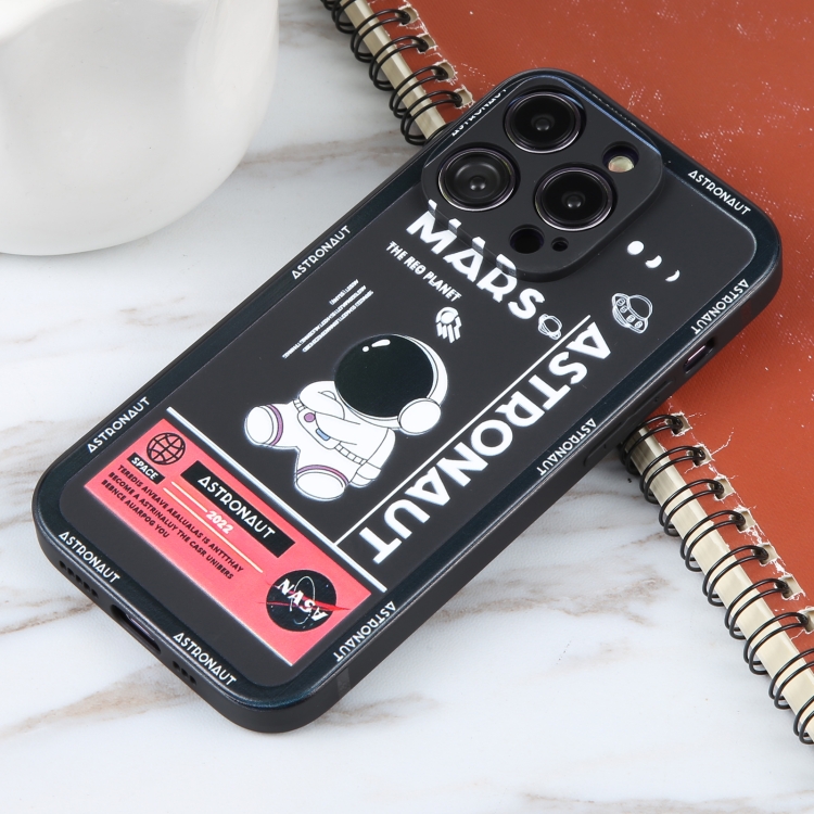 For iPhone 16 Astronaut Pattern Silicone Straight Edge Phone Case(Mars Astronaut-Black) For iPhone 16 Astronaut Pattern Silicone Straight Edge Phone Case(Mars Astronaut-Black)