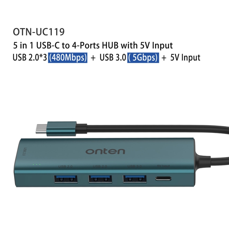 Onten UC119 5 in 1 USB-C / Type-C to USB 4-Ports USB HUB with 5V Input - 2