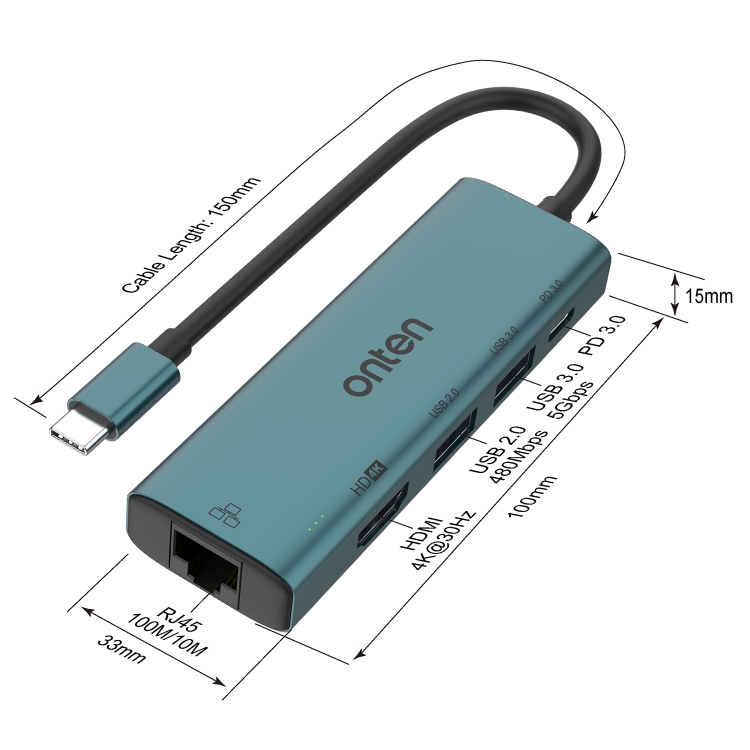 Onten UC125 5 in 1 USB-C / Type-C to HDMI+USB3.0+PD3.0 Multi-function HUB with 100Mbps Network Card - 4