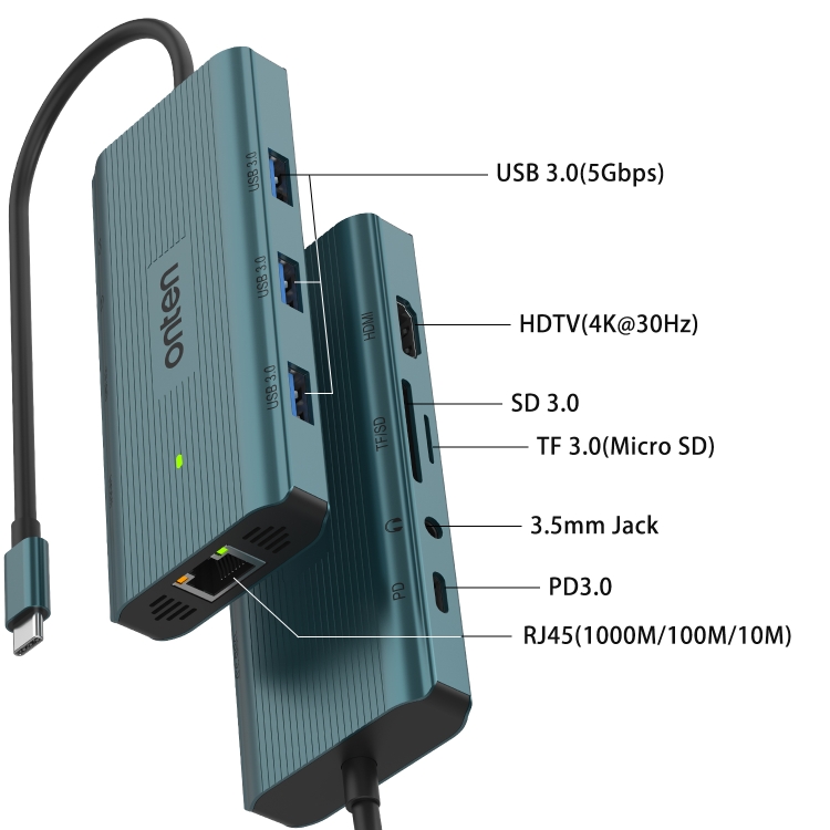 Onten UC961 9 in 1 USB-C / Type-C Multi-function HUB Docking Station(Green) - 2