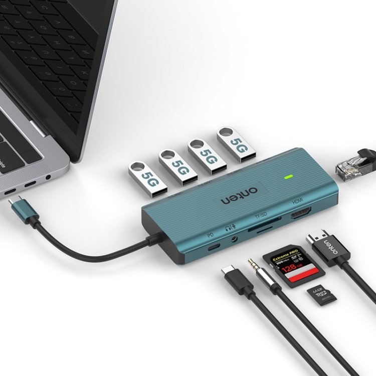 Station d'accueil HUB multifonction Onten UC962 10 en 1 USB-C / Type-C (vert) - 1