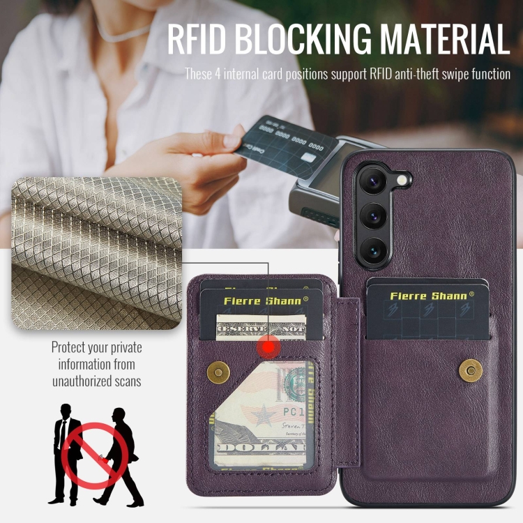 For Samsung Galaxy S23+ 5G Fierre Shann Oil Wax Cow Leather Card Holder Back Phone Case(Purple) For Samsung Galaxy S23+ 5G Fierre Shann Oil Wax Cow Leather Card Holder Back Phone Case(Purple)