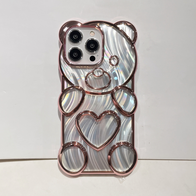 For iPhone 15 Pro Bear Shaped Embossed Electroplated Laser TPU Phone Case(Pink) For iPhone 15 Pro Bear Shaped Embossed Electroplated Laser TPU Phone Case(Pink)