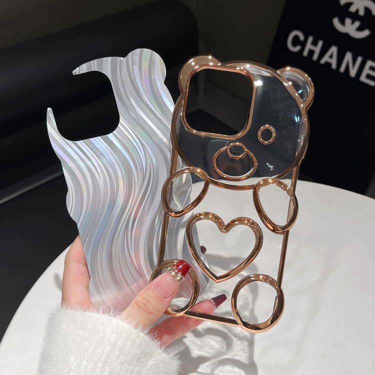 For iPhone 15 Pro Bear Shaped Embossed Electroplated Laser TPU Phone Case(Pink) For iPhone 15 Pro Bear Shaped Embossed Electroplated Laser TPU Phone Case(Pink)