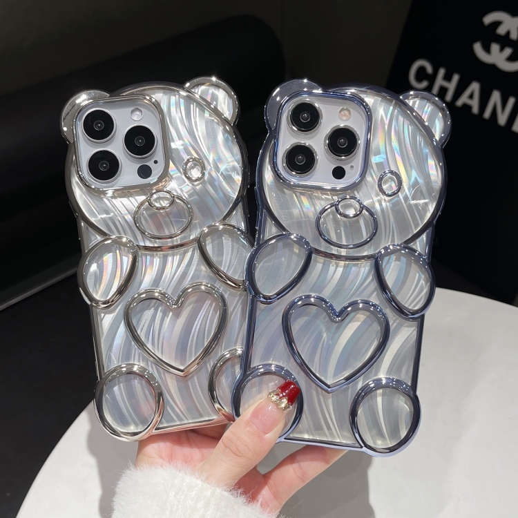 For iPhone 15 Pro Bear Shaped Embossed Electroplated Laser TPU Phone Case(Pink) For iPhone 15 Pro Bear Shaped Embossed Electroplated Laser TPU Phone Case(Pink)