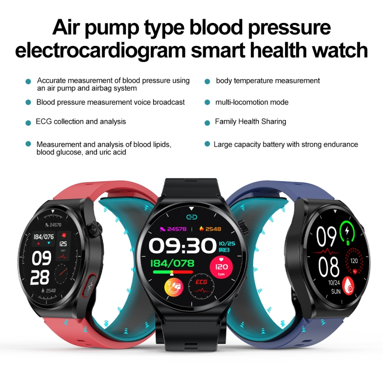 S22 Air Pump Blood Pressure Testing ECG Health Smart Watch, 1.39 inch Round Screen(Red) - B1