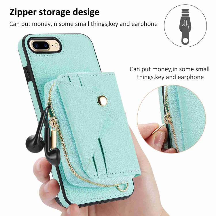 For iPhone SE 2022 / SE 2020 Crossbody Zipper Card Bag RFID Anti-theft Phone Case(Mint Green)