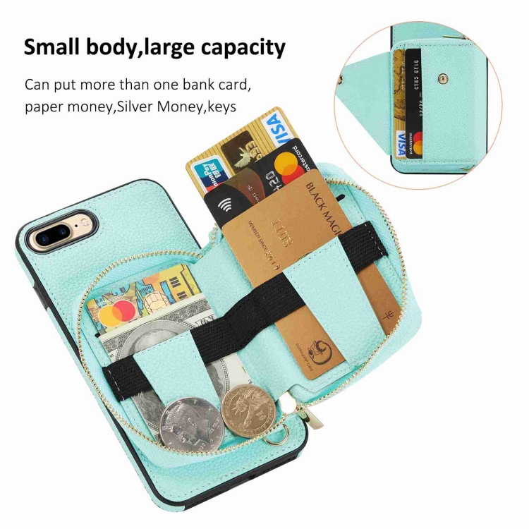 For iPhone SE 2022 / SE 2020 Crossbody Zipper Card Bag RFID Anti-theft Phone Case(Mint Green)