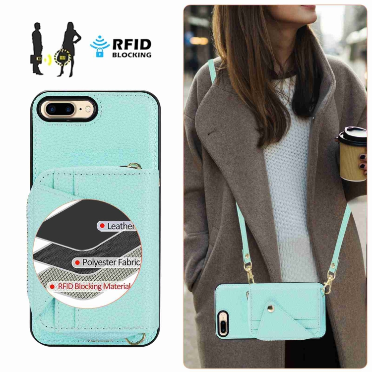 For iPhone SE 2022 / SE 2020 Crossbody Zipper Card Bag RFID Anti-theft Phone Case(Mint Green)