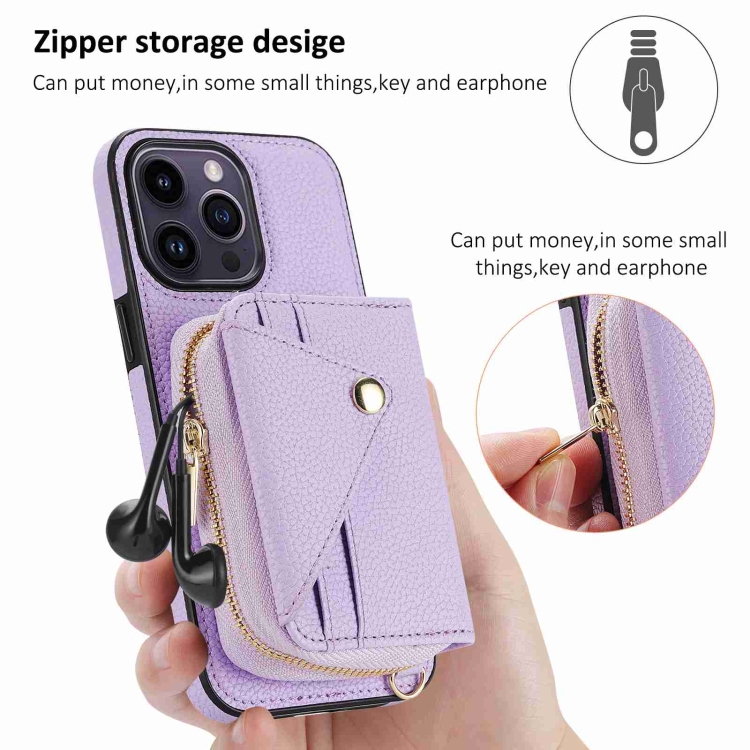 For iPhone 15 Plus / 14 Plus Crossbody Zipper Card Bag RFID Anti-theft Phone Case(Purple) For iPhone 15 Plus / 14 Plus Crossbody Zipper Card Bag RFID Anti-theft Phone Case(Purple)