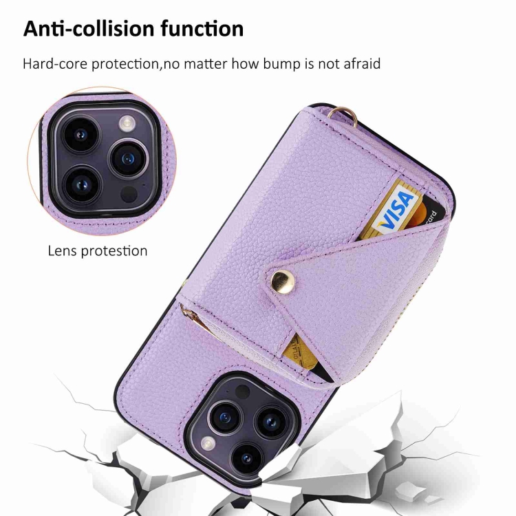 For iPhone 15 Plus / 14 Plus Crossbody Zipper Card Bag RFID Anti-theft Phone Case(Purple) For iPhone 15 Plus / 14 Plus Crossbody Zipper Card Bag RFID Anti-theft Phone Case(Purple)