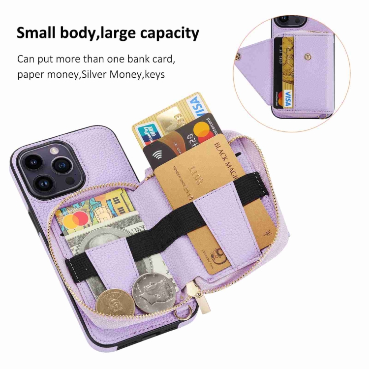 For iPhone 15 Plus / 14 Plus Crossbody Zipper Card Bag RFID Anti-theft Phone Case(Purple) For iPhone 15 Plus / 14 Plus Crossbody Zipper Card Bag RFID Anti-theft Phone Case(Purple)