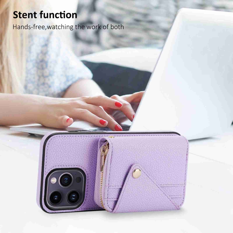 For iPhone 15 Plus / 14 Plus Crossbody Zipper Card Bag RFID Anti-theft Phone Case(Purple) For iPhone 15 Plus / 14 Plus Crossbody Zipper Card Bag RFID Anti-theft Phone Case(Purple)