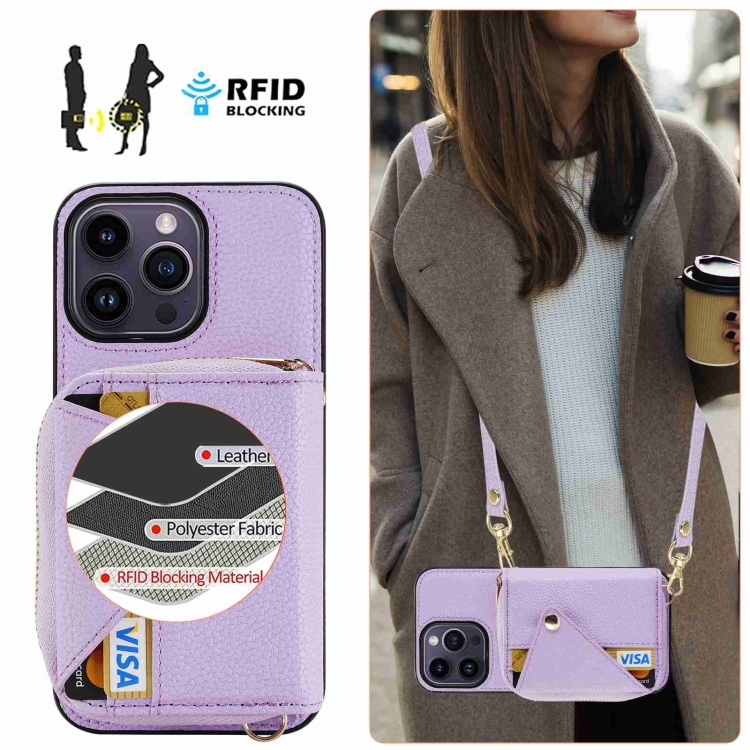For iPhone 15 Plus / 14 Plus Crossbody Zipper Card Bag RFID Anti-theft Phone Case(Purple) For iPhone 15 Plus / 14 Plus Crossbody Zipper Card Bag RFID Anti-theft Phone Case(Purple)