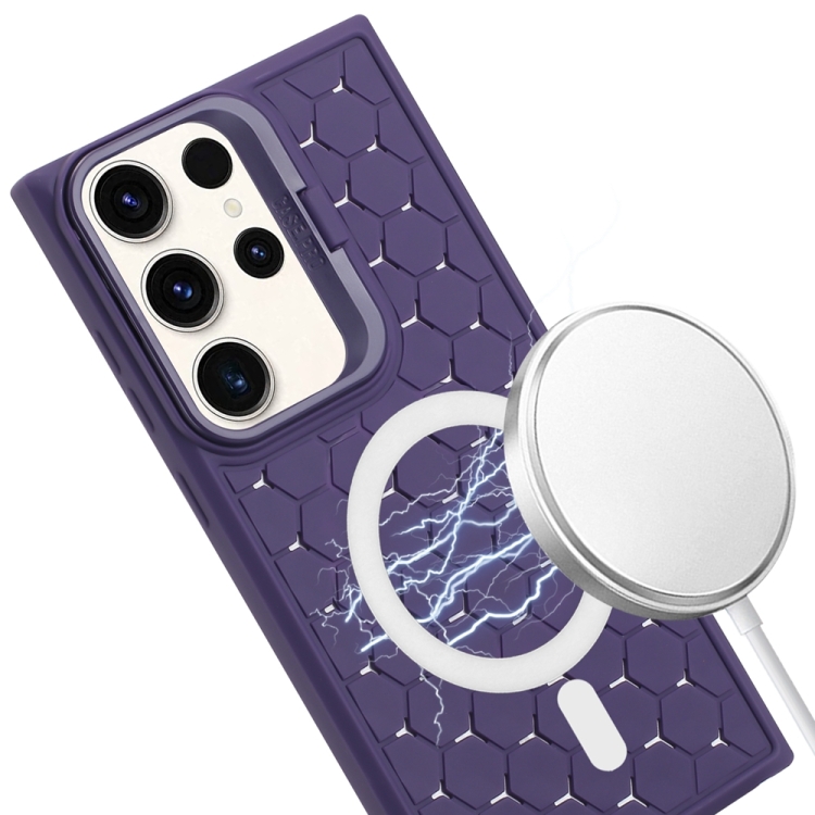 For Samsung Galaxy S24 Ultra 5G Honeycomb Radiating Lens Holder Magsafe Phone Case(Purple) For Samsung Galaxy S24 Ultra 5G Honeycomb Radiating Lens Holder Magsafe Phone Case(Purple)