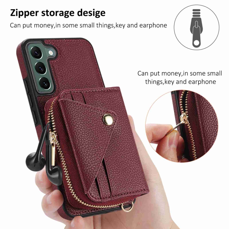 For Samsung Galaxy S22 5G Crossbody Zipper Card Bag RFID Anti-theft Phone Case(Wine Red) For Samsung Galaxy S22 5G Crossbody Zipper Card Bag RFID Anti-theft Phone Case(Wine Red)