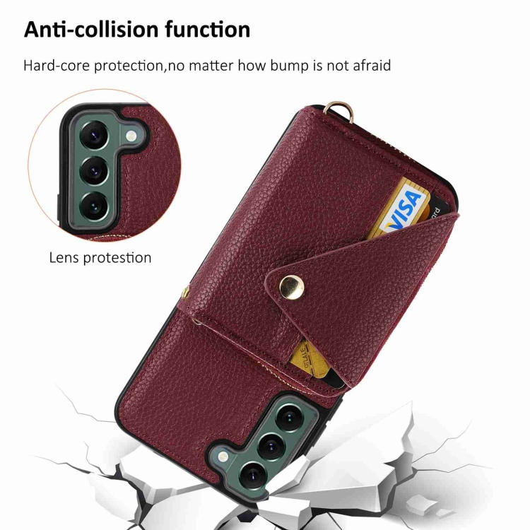 For Samsung Galaxy S22 5G Crossbody Zipper Card Bag RFID Anti-theft Phone Case(Wine Red) For Samsung Galaxy S22 5G Crossbody Zipper Card Bag RFID Anti-theft Phone Case(Wine Red)