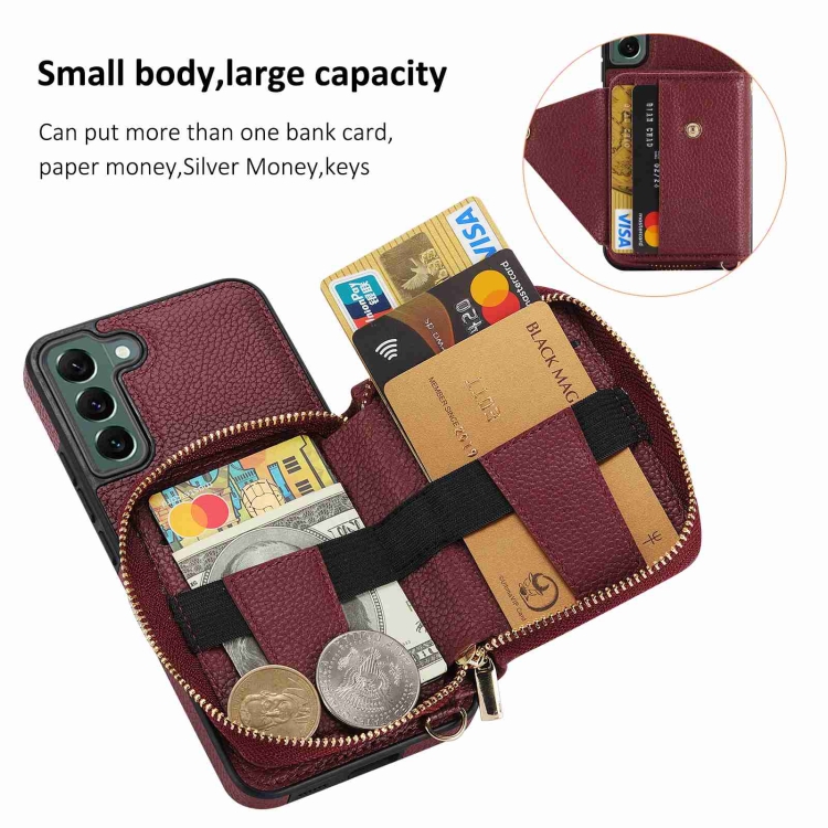 For Samsung Galaxy S22 5G Crossbody Zipper Card Bag RFID Anti-theft Phone Case(Wine Red) For Samsung Galaxy S22 5G Crossbody Zipper Card Bag RFID Anti-theft Phone Case(Wine Red)