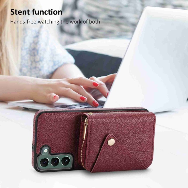 For Samsung Galaxy S22 5G Crossbody Zipper Card Bag RFID Anti-theft Phone Case(Wine Red) For Samsung Galaxy S22 5G Crossbody Zipper Card Bag RFID Anti-theft Phone Case(Wine Red)