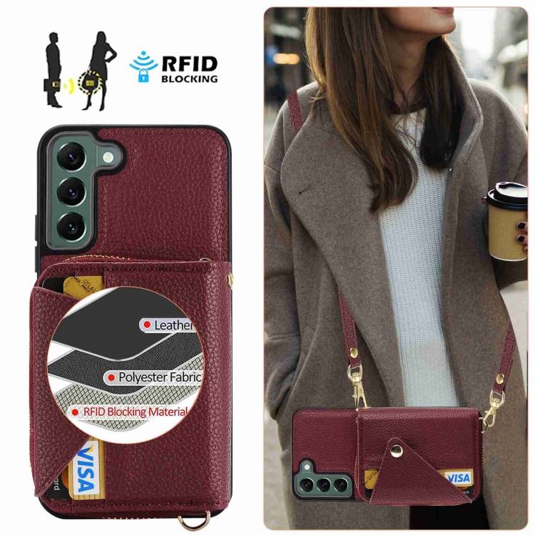 For Samsung Galaxy S22 5G Crossbody Zipper Card Bag RFID Anti-theft Phone Case(Wine Red) For Samsung Galaxy S22 5G Crossbody Zipper Card Bag RFID Anti-theft Phone Case(Wine Red)