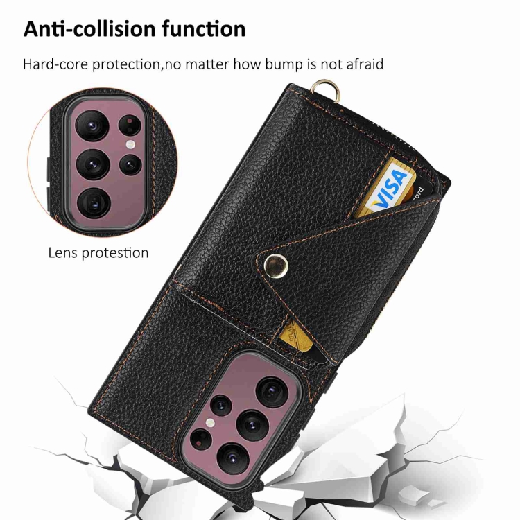For Samsung Galaxy S23 Ultra 5G Crossbody Zipper Card Bag RFID Anti-theft Phone Case(Black) For Samsung Galaxy S23 Ultra 5G Crossbody Zipper Card Bag RFID Anti-theft Phone Case(Black)