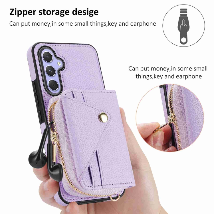 For Samsung Galaxy S24 5G Crossbody Zipper Card Bag RFID Anti-theft Phone Case(Purple) For Samsung Galaxy S24 5G Crossbody Zipper Card Bag RFID Anti-theft Phone Case(Purple)