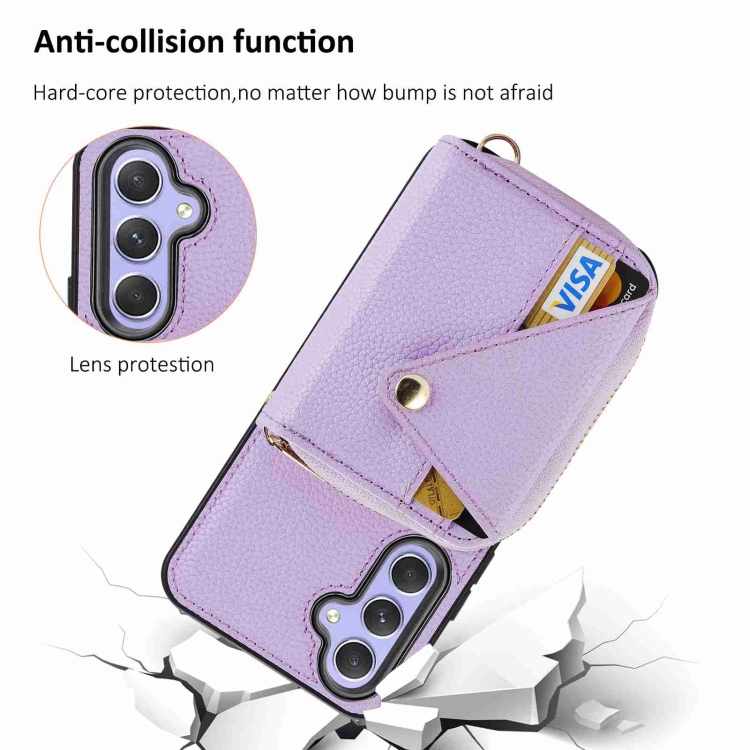 For Samsung Galaxy S24 5G Crossbody Zipper Card Bag RFID Anti-theft Phone Case(Purple) For Samsung Galaxy S24 5G Crossbody Zipper Card Bag RFID Anti-theft Phone Case(Purple)