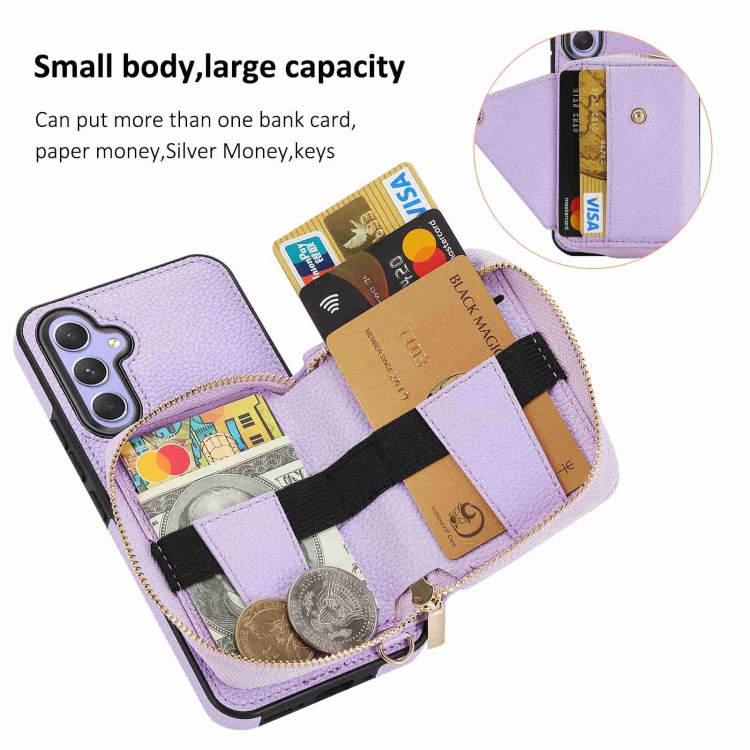 For Samsung Galaxy S24 5G Crossbody Zipper Card Bag RFID Anti-theft Phone Case(Purple) For Samsung Galaxy S24 5G Crossbody Zipper Card Bag RFID Anti-theft Phone Case(Purple)