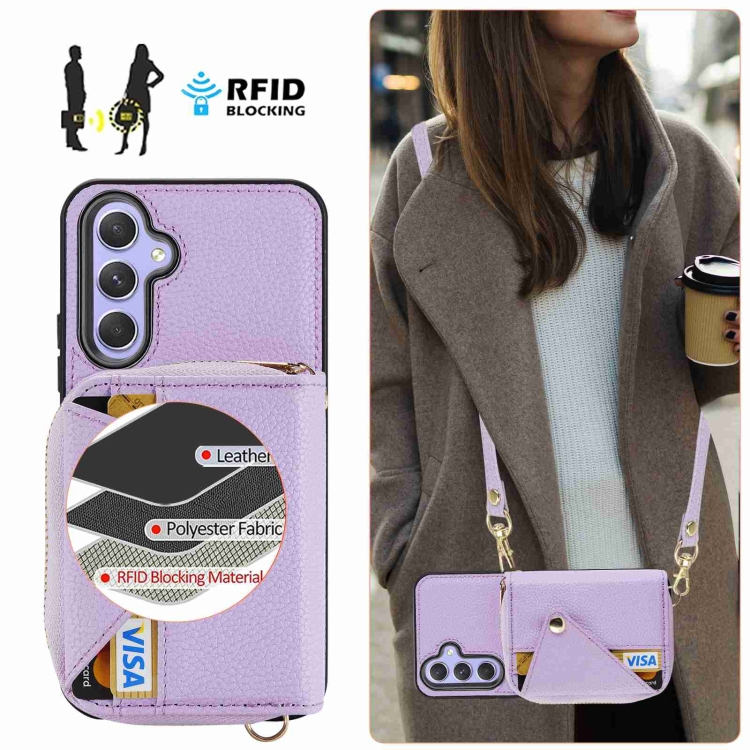 For Samsung Galaxy S24 5G Crossbody Zipper Card Bag RFID Anti-theft Phone Case(Purple) For Samsung Galaxy S24 5G Crossbody Zipper Card Bag RFID Anti-theft Phone Case(Purple)