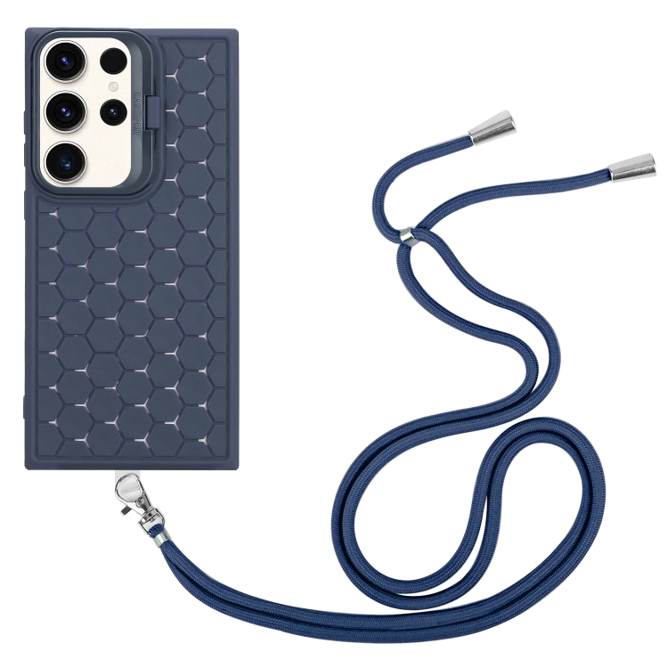 For Samsung Galaxy S24 Ultra 5G Honeycomb Radiating Lens Holder Magsafe Phone Case with Lanyard(Blue) For Samsung Galaxy S24 Ultra 5G Honeycomb Radiating Lens Holder Magsafe Phone Case with Lanyard(Blue)