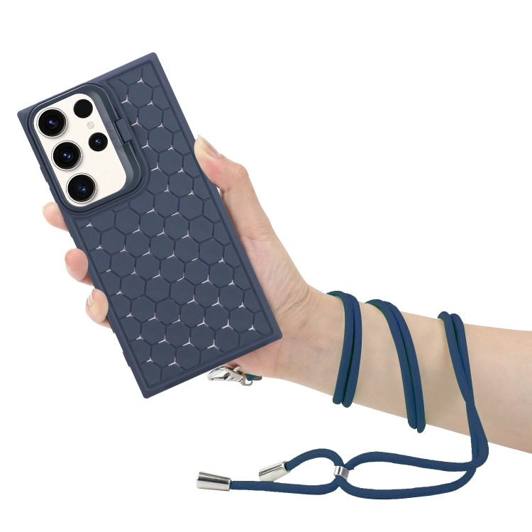 For Samsung Galaxy S24 Ultra 5G Honeycomb Radiating Lens Holder Magsafe Phone Case with Lanyard(Blue) For Samsung Galaxy S24 Ultra 5G Honeycomb Radiating Lens Holder Magsafe Phone Case with Lanyard(Blue)