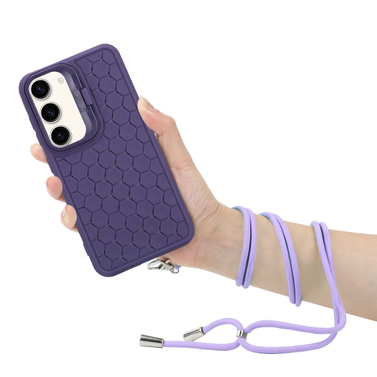 For Samsung Galaxy S23+ 5G Honeycomb Radiating Lens Holder Magsafe Phone Case with Lanyard(Purple)
