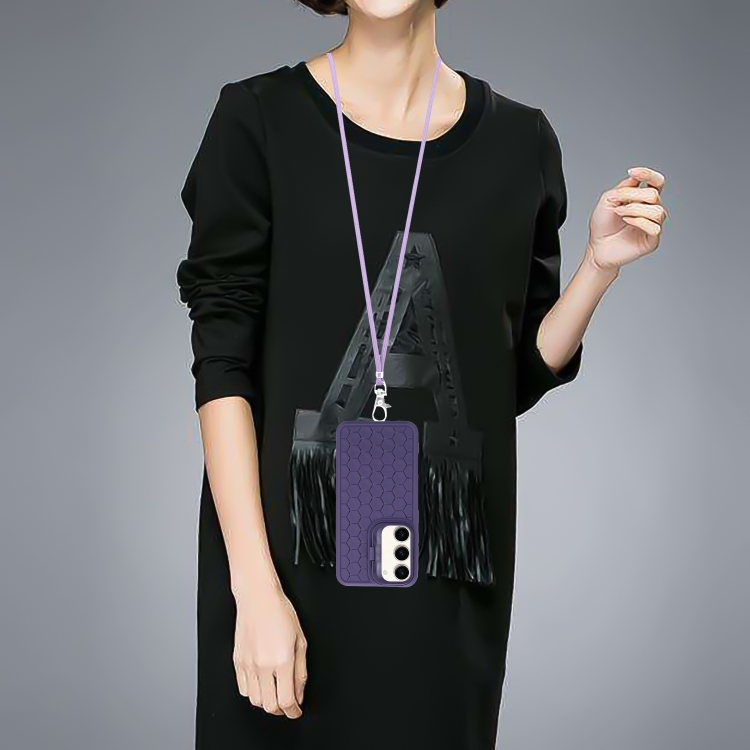 For Samsung Galaxy S23+ 5G Honeycomb Radiating Lens Holder Magsafe Phone Case with Lanyard(Purple)