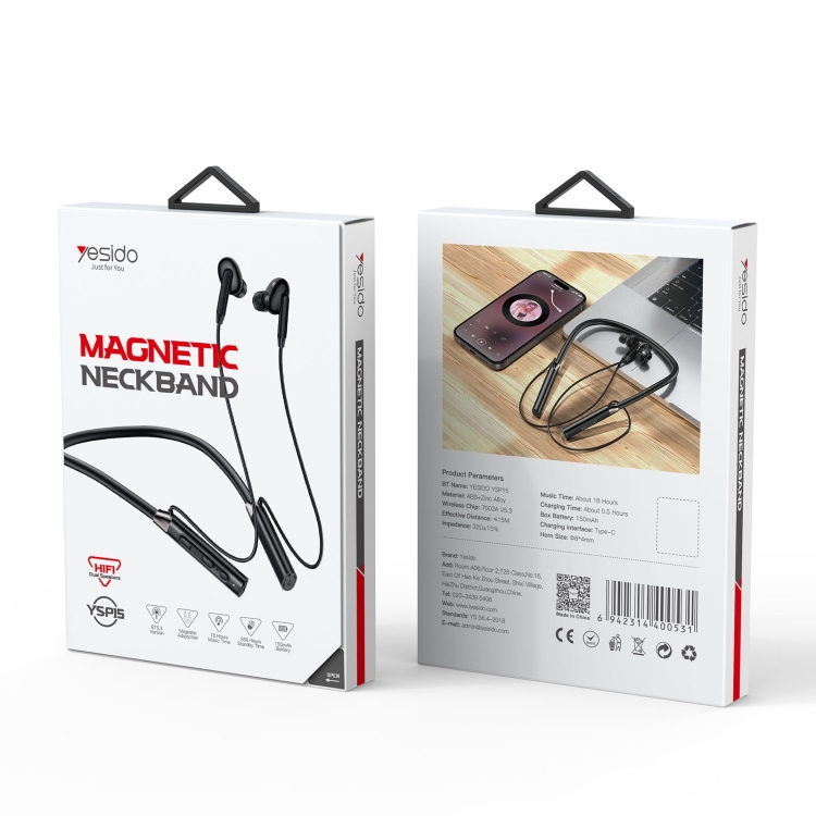 Yesido YSP15 Hanging-neck Double Dynamic Magnetic Wireless Bluetooth Earphone(Black) Yesido YSP15 Hanging-neck Double Dynamic Magnetic Wireless Bluetooth Earphone(Black)