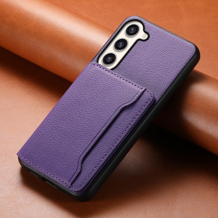 For Samsung Galaxy S23+ 5G Calf Texture Card Bag Design Full Coverage Phone Case(Purple)