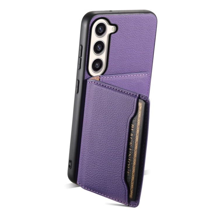 For Samsung Galaxy S23+ 5G Calf Texture Card Bag Design Full Coverage Phone Case(Purple)