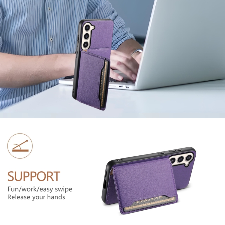 For Samsung Galaxy S23+ 5G Calf Texture Card Bag Design Full Coverage Phone Case(Purple)