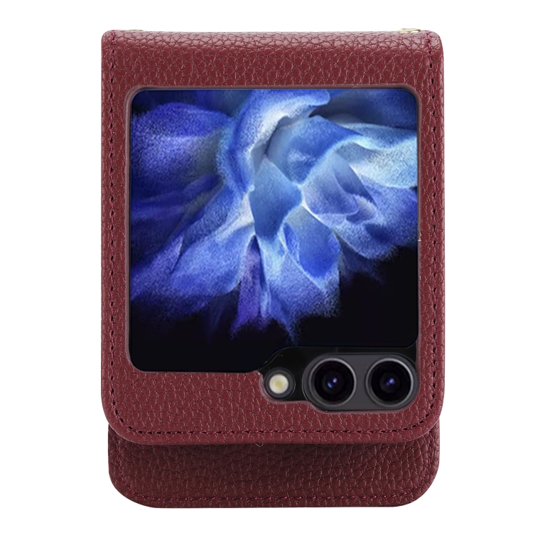 For Samsung Galaxy Z Flip5 5G DF-09 Crossbody Litchi texture Card Bag Design PU Phone Case(Wine Red) For Samsung Galaxy Z Flip5 5G DF-09 Crossbody Litchi texture Card Bag Design PU Phone Case(Wine Red)