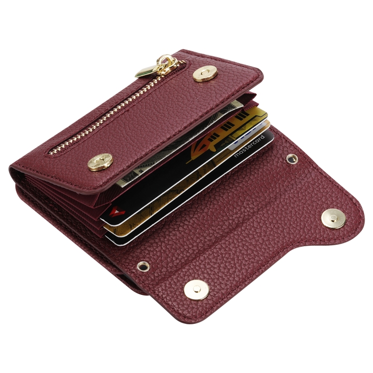 For Samsung Galaxy Z Flip5 5G DF-09 Crossbody Litchi texture Card Bag Design PU Phone Case(Wine Red) For Samsung Galaxy Z Flip5 5G DF-09 Crossbody Litchi texture Card Bag Design PU Phone Case(Wine Red)