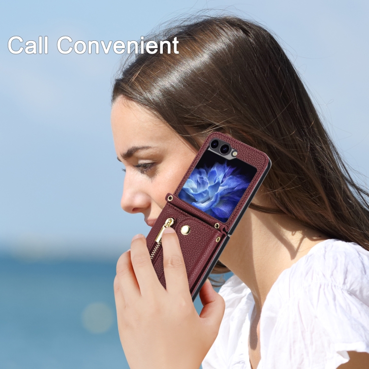 For Samsung Galaxy Z Flip5 5G DF-09 Crossbody Litchi texture Card Bag Design PU Phone Case(Wine Red) For Samsung Galaxy Z Flip5 5G DF-09 Crossbody Litchi texture Card Bag Design PU Phone Case(Wine Red)
