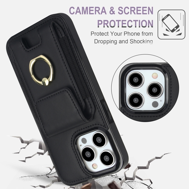 For iPhone 15 Elastic Card Bag Ring Holder Phone Case(Black) For iPhone 15 Elastic Card Bag Ring Holder Phone Case(Black)