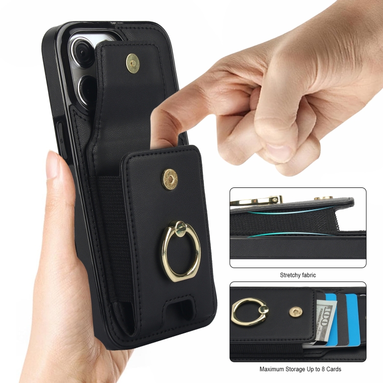 For iPhone 15 Elastic Card Bag Ring Holder Phone Case(Black) For iPhone 15 Elastic Card Bag Ring Holder Phone Case(Black)