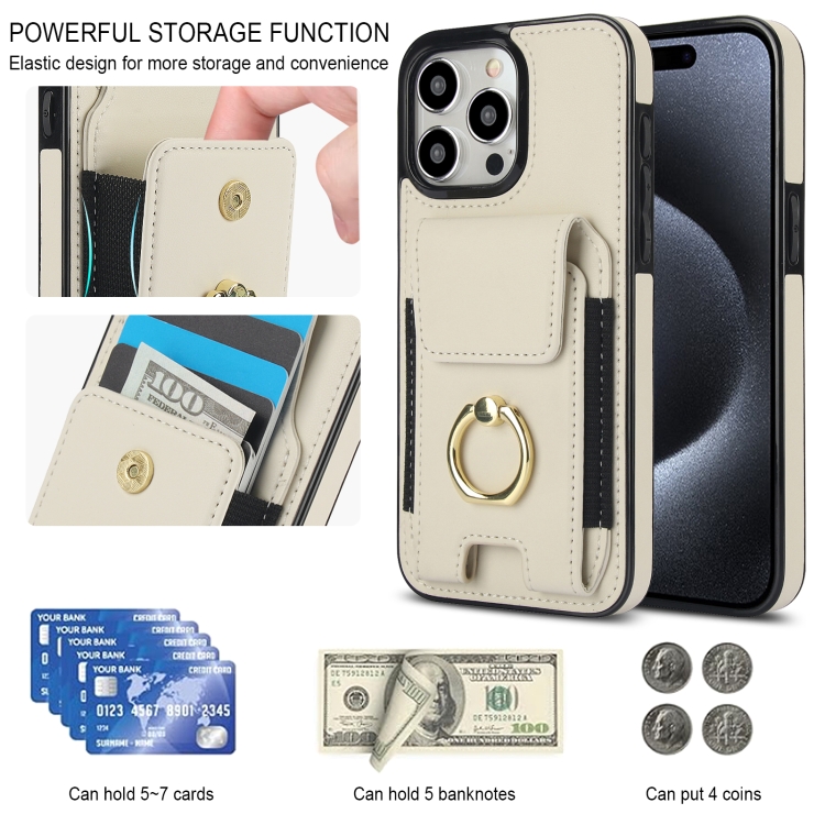 For iPhone 15 Pro Elastic Card Bag Ring Holder Phone Case(White) For iPhone 15 Pro Elastic Card Bag Ring Holder Phone Case(White)
