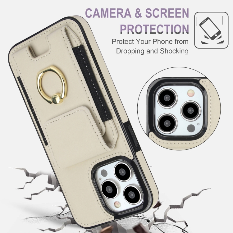 For iPhone 15 Pro Elastic Card Bag Ring Holder Phone Case(White) For iPhone 15 Pro Elastic Card Bag Ring Holder Phone Case(White)