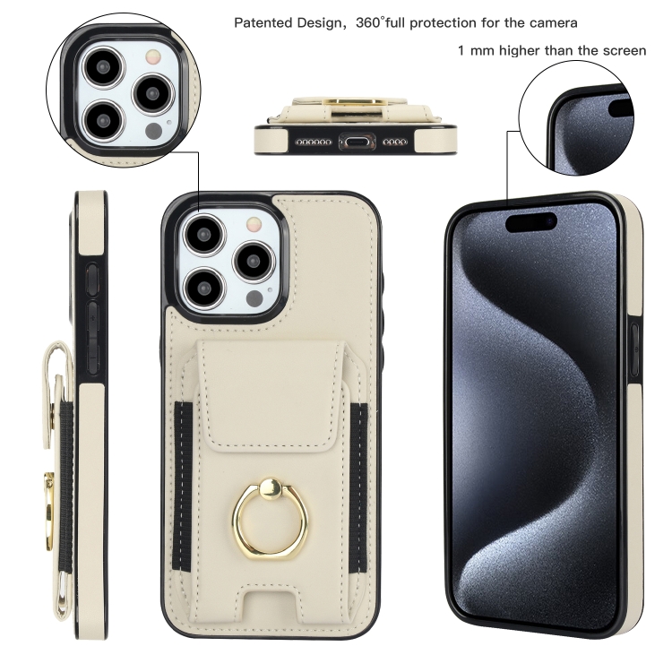 For iPhone 15 Pro Elastic Card Bag Ring Holder Phone Case(White) For iPhone 15 Pro Elastic Card Bag Ring Holder Phone Case(White)