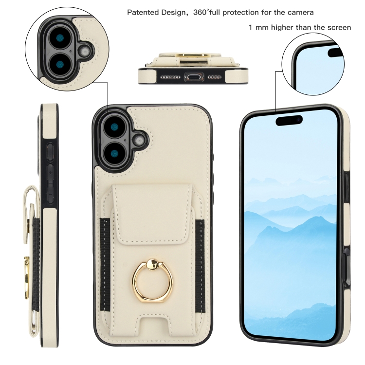 For iPhone 16 Plus Elastic Card Bag Ring Holder Phone Case(White) For iPhone 16 Plus Elastic Card Bag Ring Holder Phone Case(White)